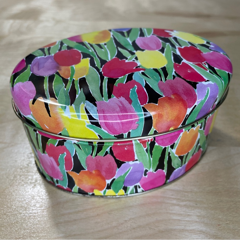 Vintage 80s Popprint Oval Tulips Tin - Multicolored